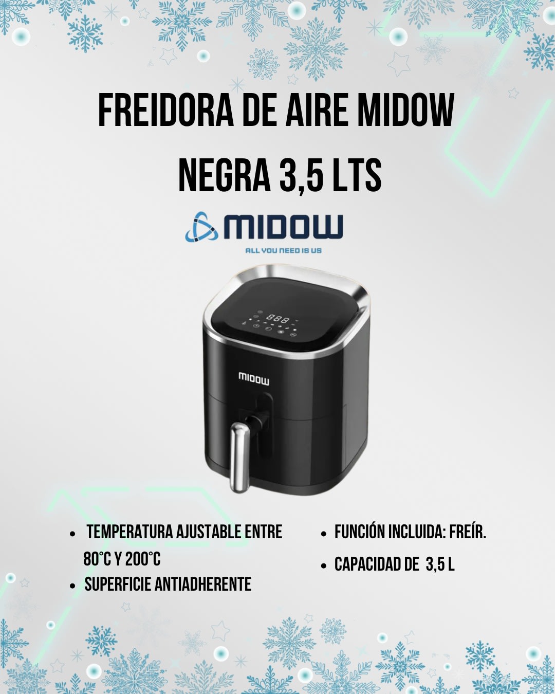 Freidora De Aire Sin Aceite Midow 3.5 Lts 1200w Display Led Negro