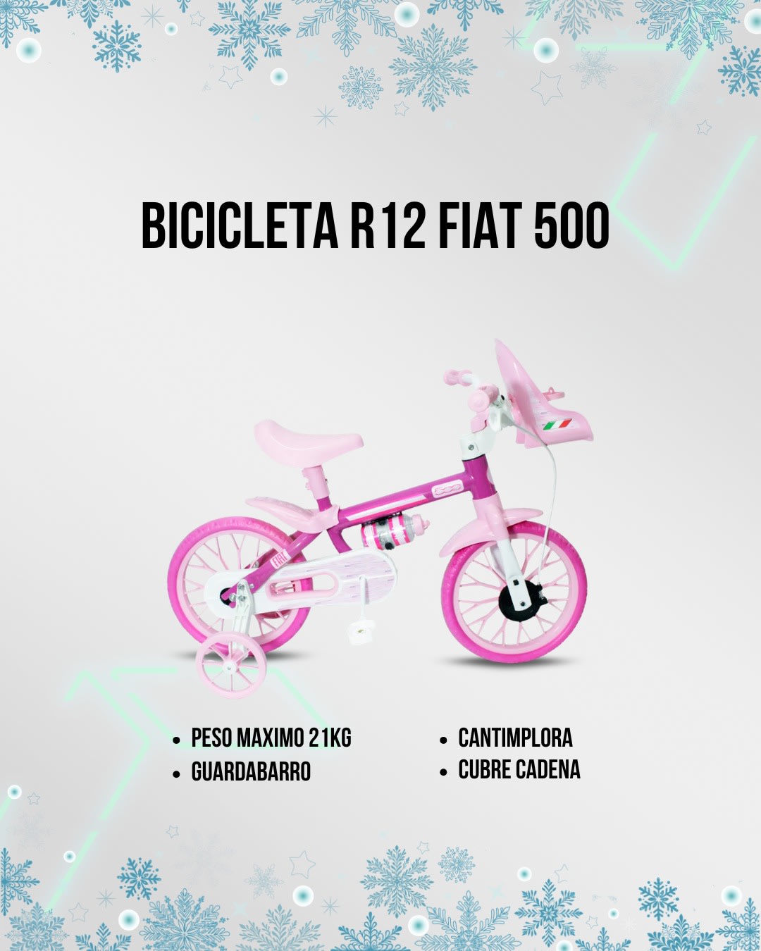 Bicicleta Fiat 500 Rodado 12 con Ruedas de Goma y Cantimplora Rosa