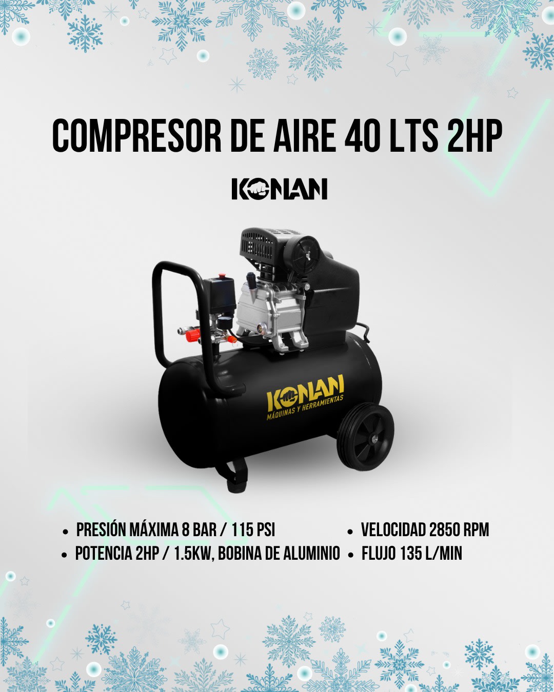 Compresor de Aire con Kit Konan 40 L 2 HP 8 Bar 135 L/min Doble Salida