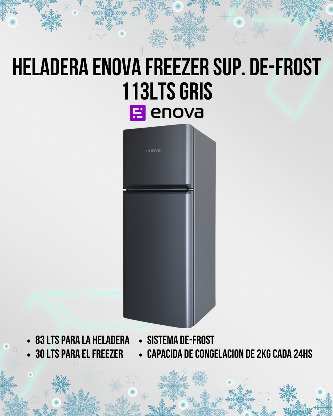 Heladera Enova freezer sup. De-frost 113lts Gris