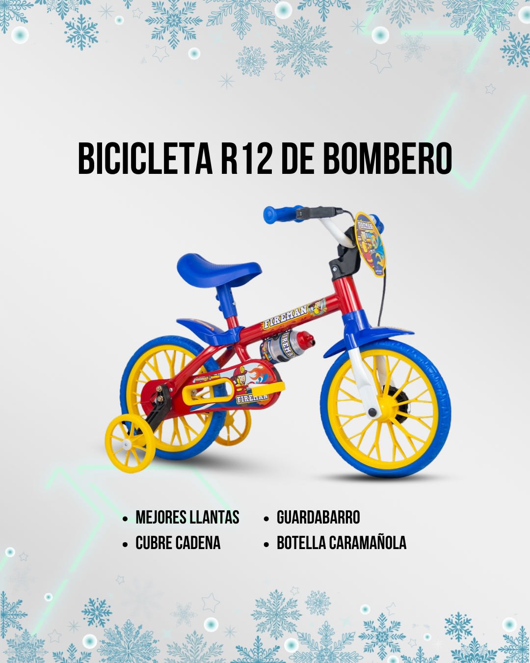 Bicicleta Infantil Reforzada Nathor R12 con Rueditas y Cantimplora Fire Man