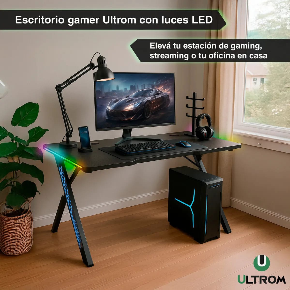 Mesa Gamer Ultrom GT-2309 RGB (Luces Leds) Black