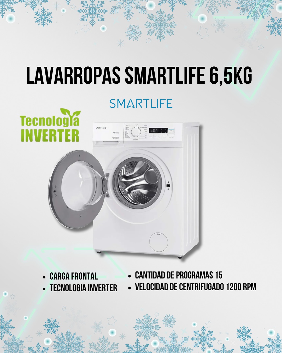 Lavarropas SmartLife 6,5 kg Inverter Blanco Carga Frontal 1200RPM SL-WM2610651200W