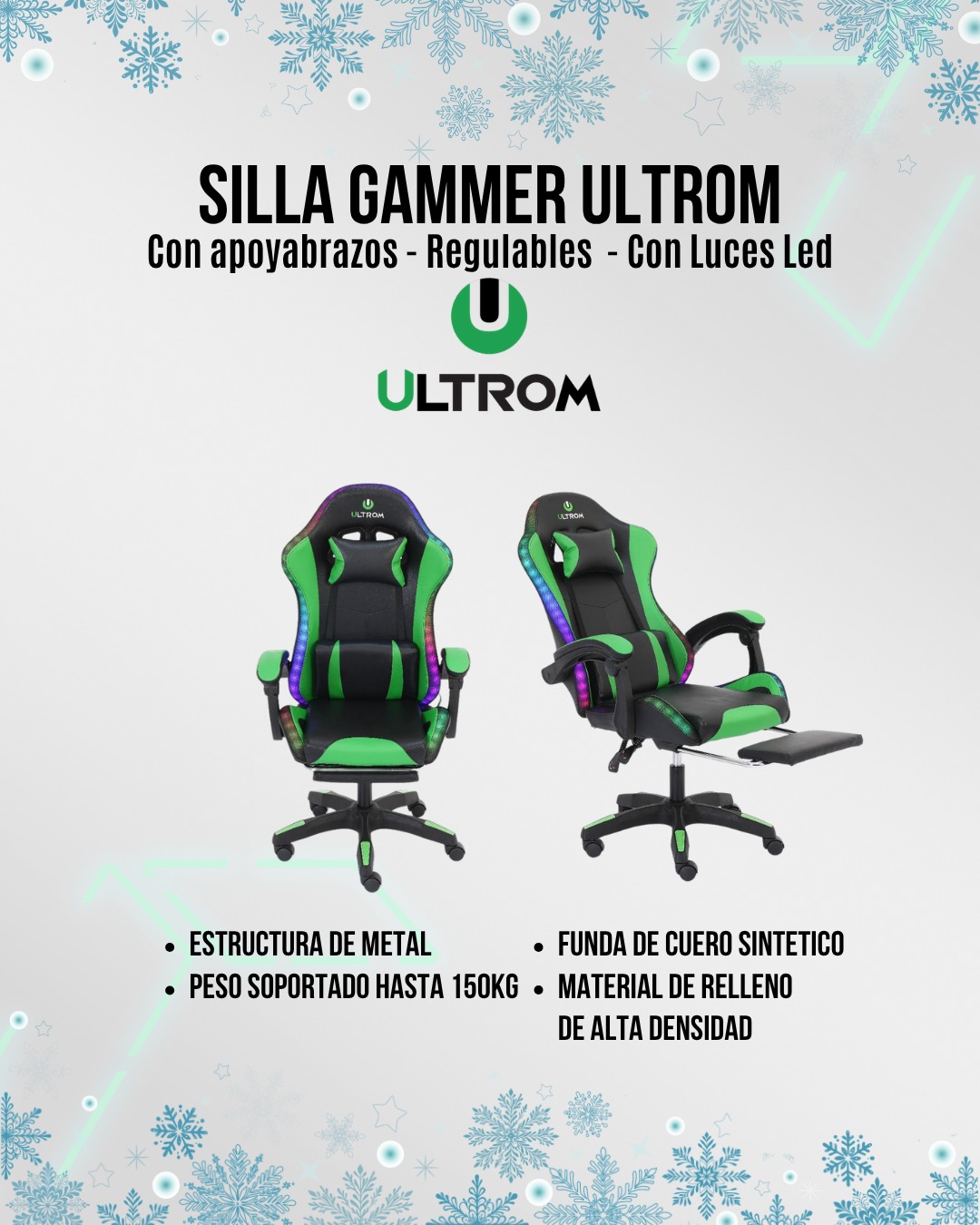 Silla Gamer Ultrom con Luz RGB Respaldo Reclinable Ergonómica Verde