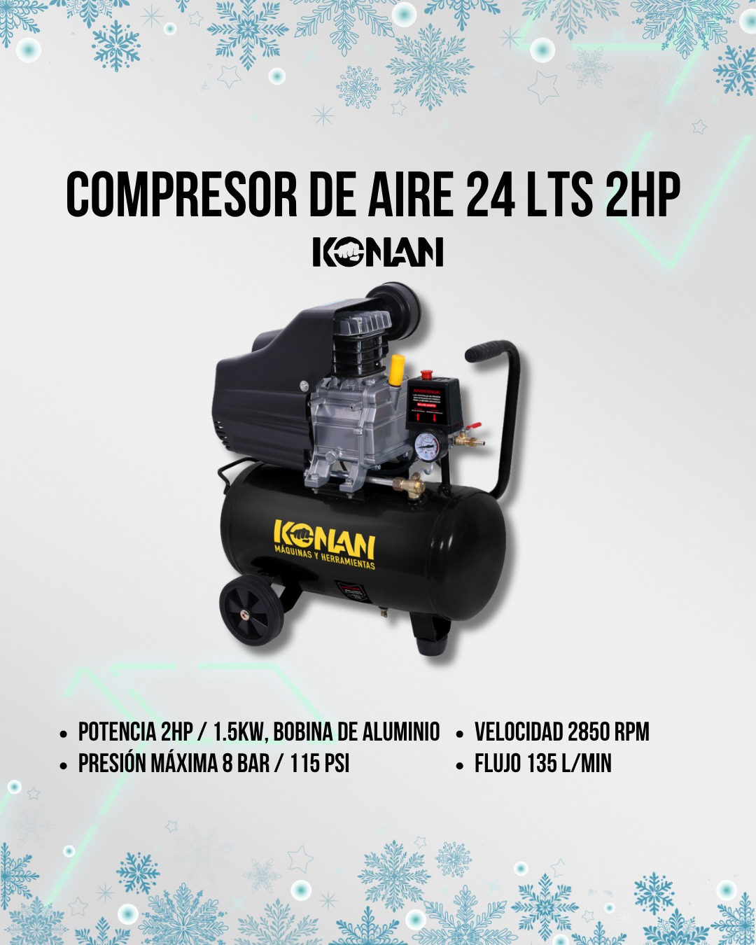 Compresor de Aire Portátil Konan 24 L 2 HP Monofásico 210 L/min