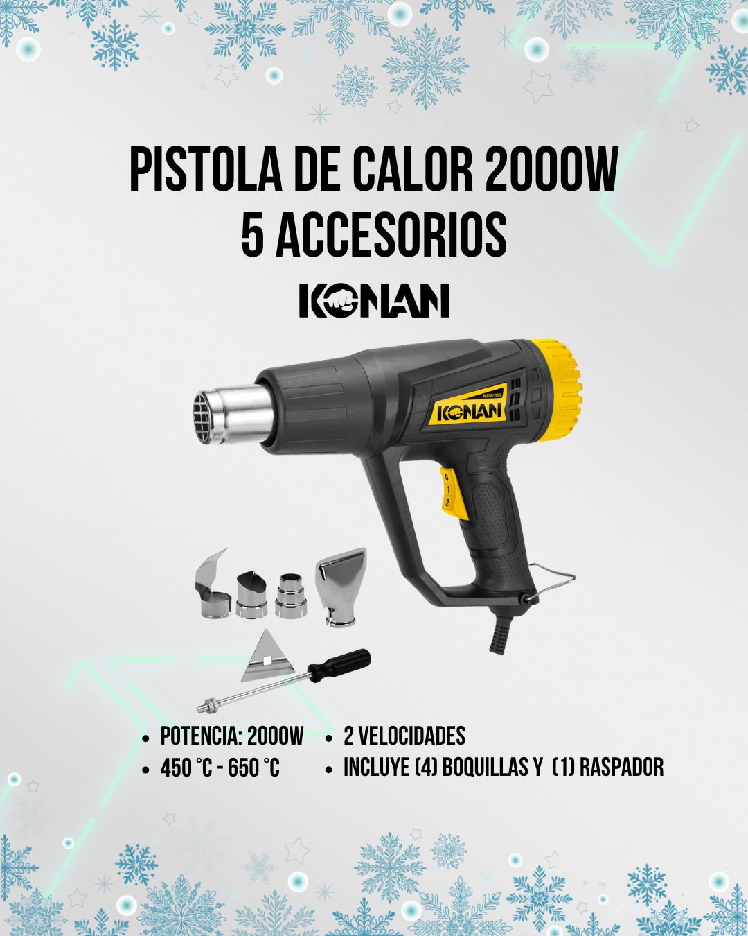 Pistola de Calor Konan 2000W con 5 Accesorios