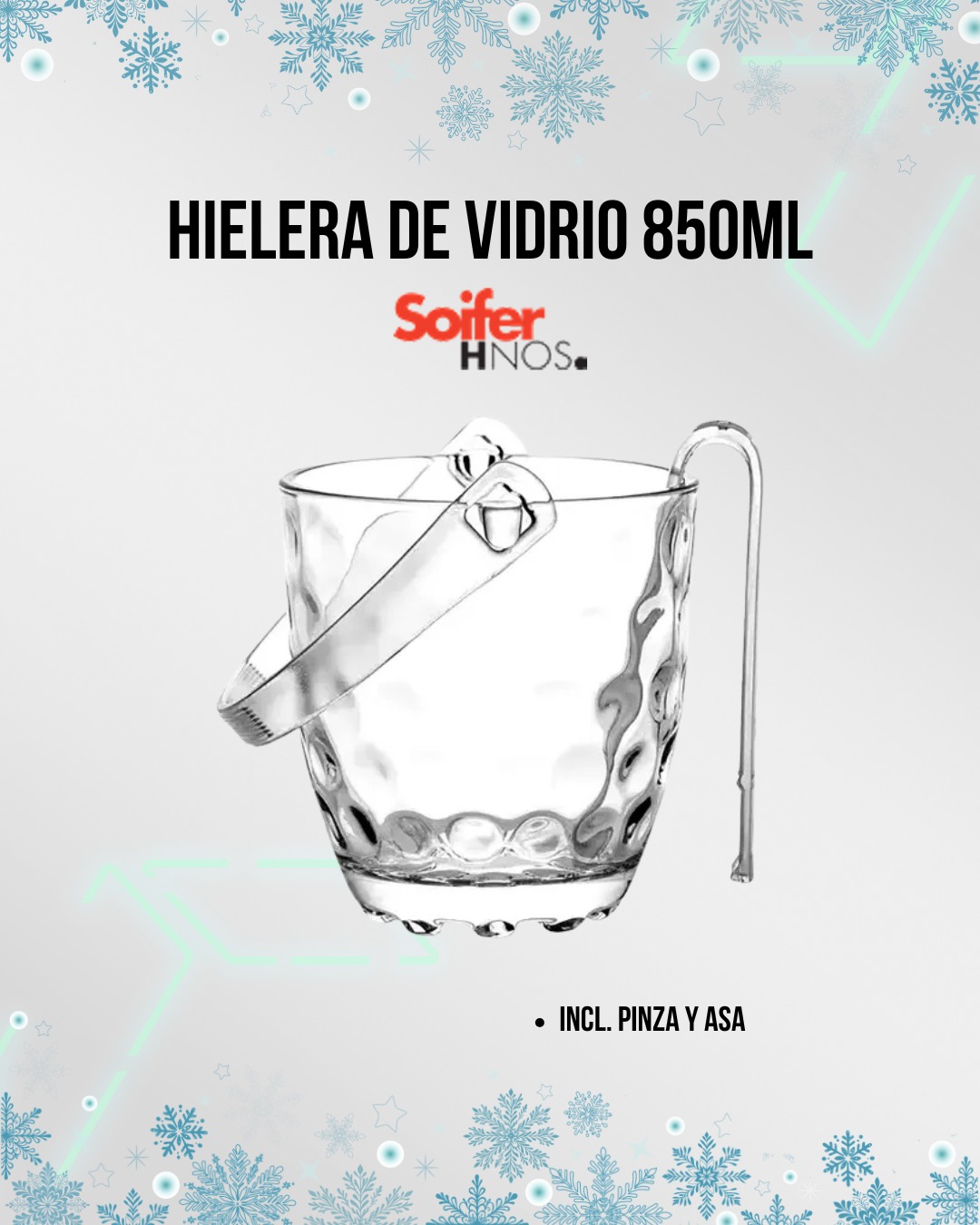 Hielera de vidrio incluye pinza y asa