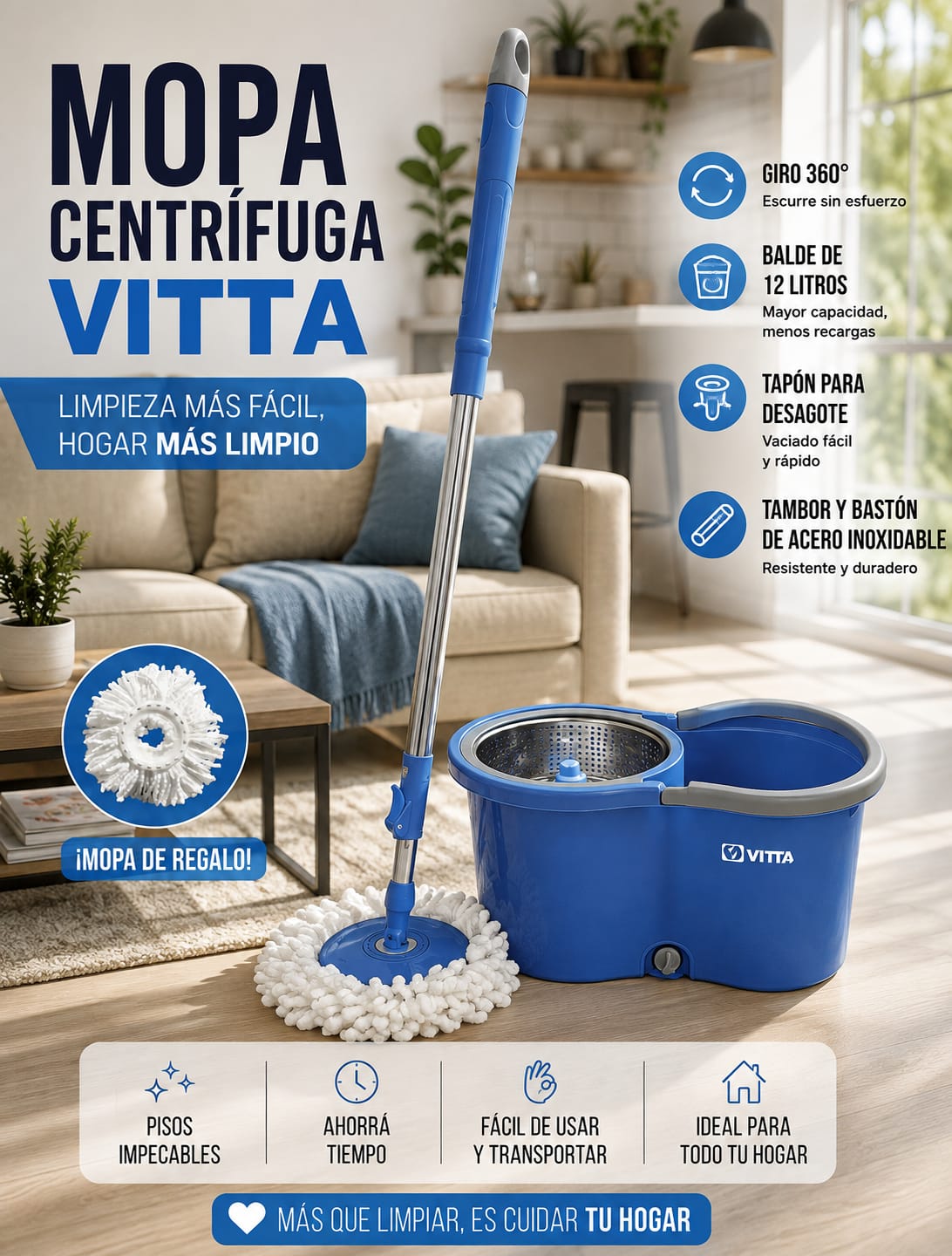 Mopa Vitta de Limpieza Centrifuga con Balde Color Azul