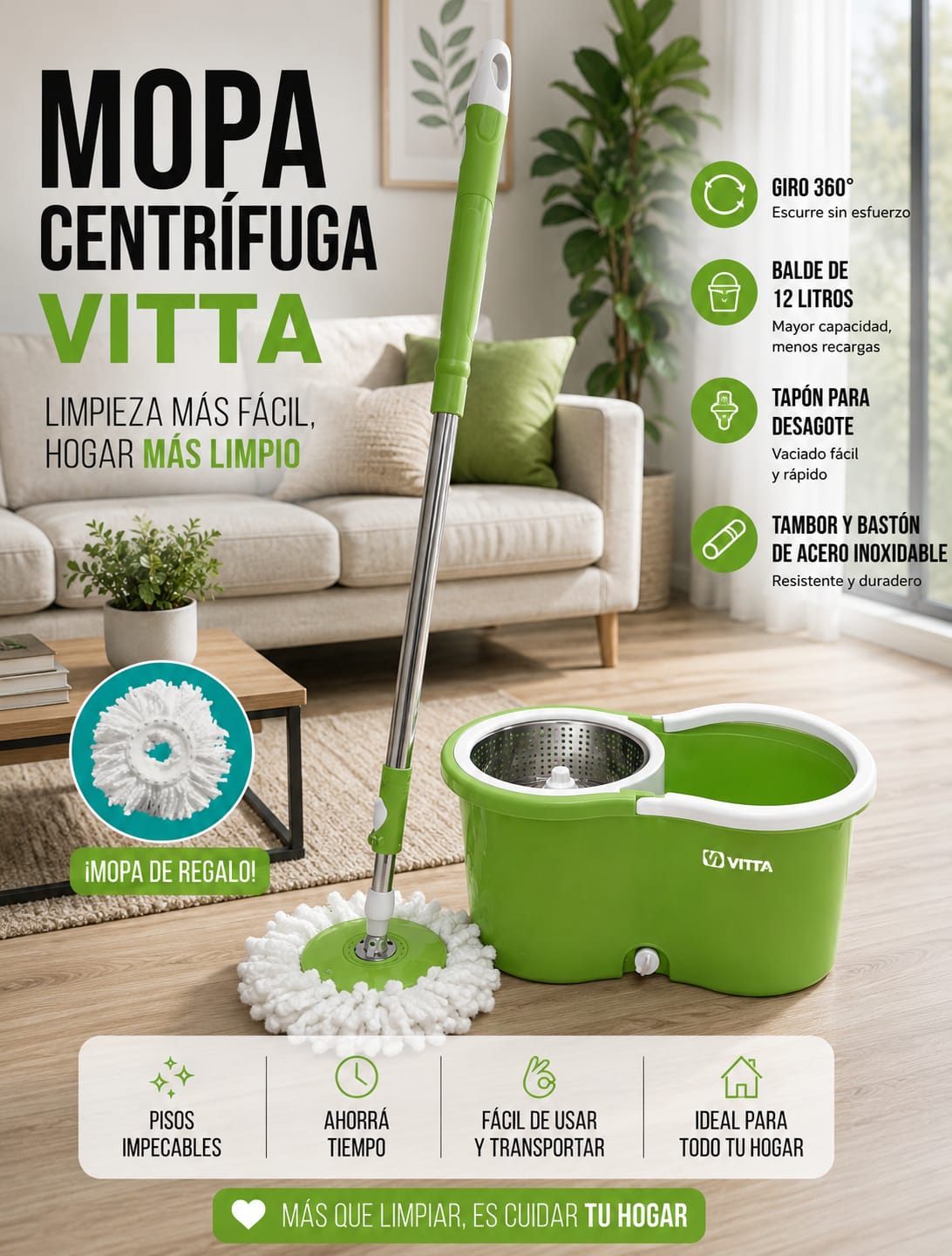 Mopa Vitta de Limpieza Centrifuga con Balde Color Verde