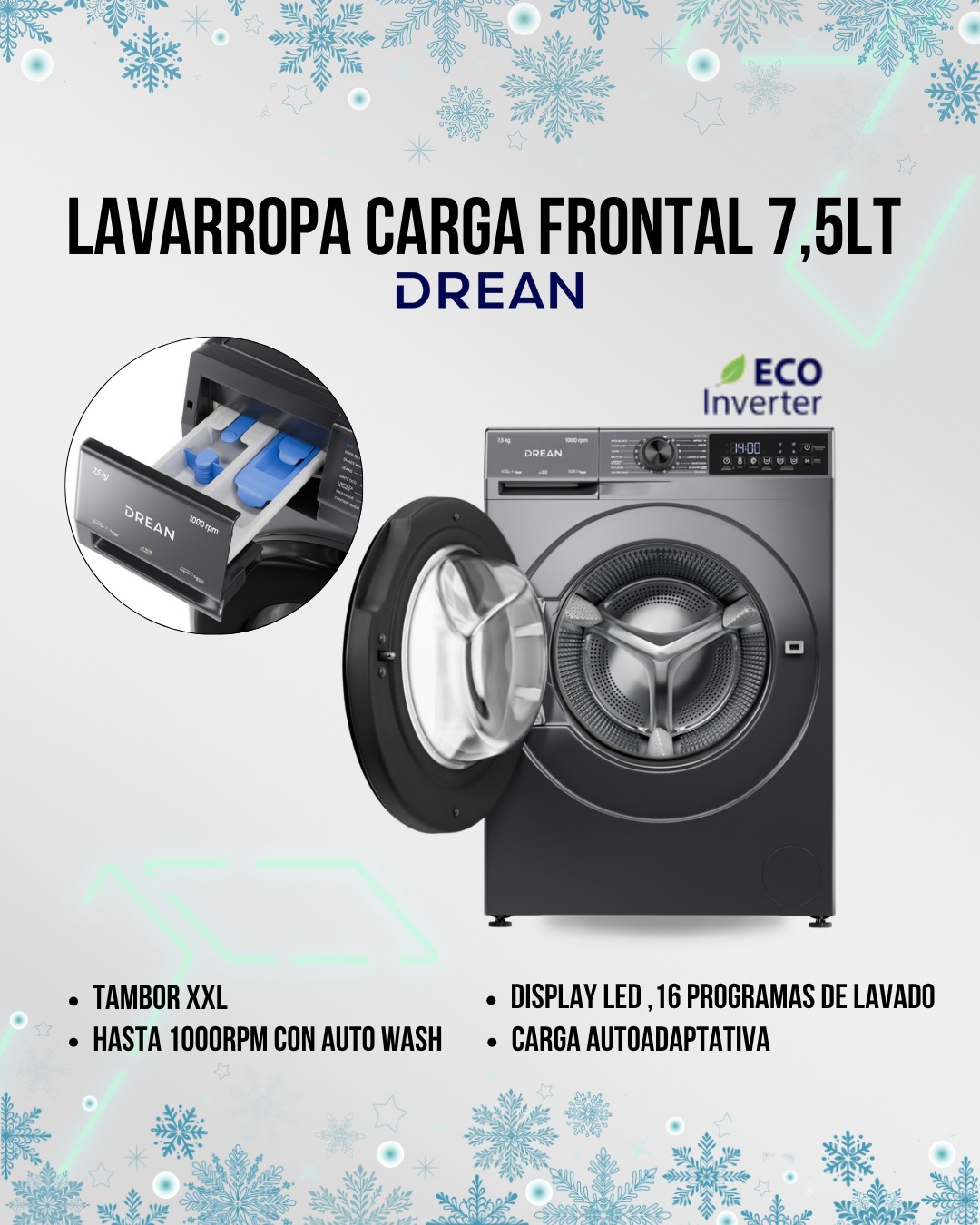 Lavarropas Carga Frontal Inverter 7 5 Kg Gris Drean - LFDR0710ISG0