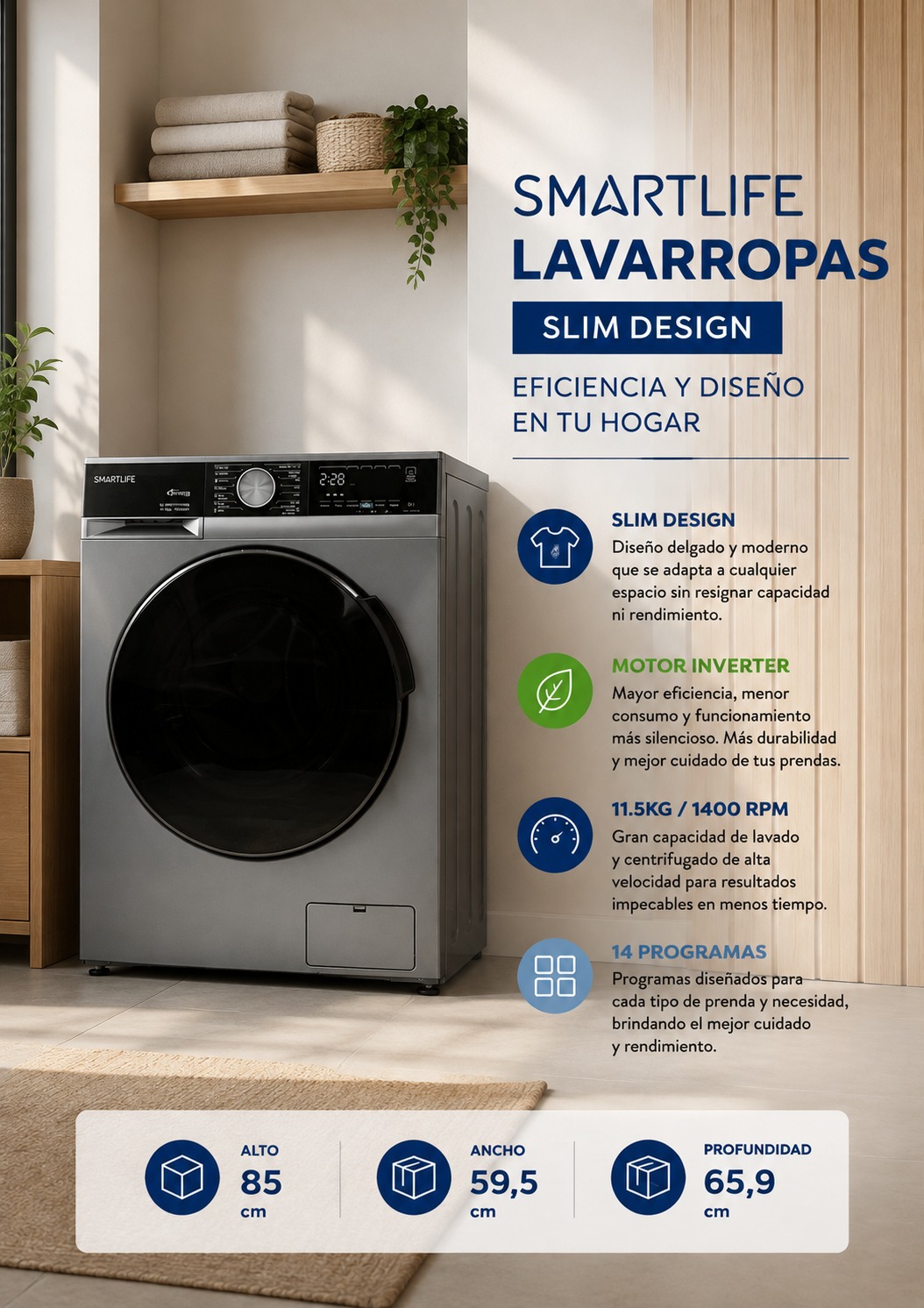 Lavarropas SmartLife 11,5 Kg Carga Frontal Inverter Gris