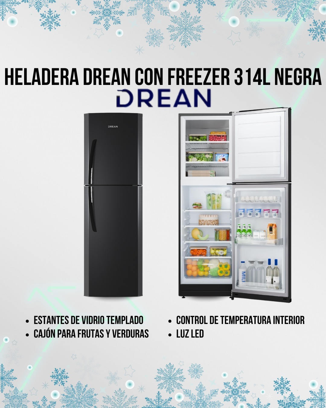 Heladera Drean con Freezer Cíclica 314L Negra HDR320F50N