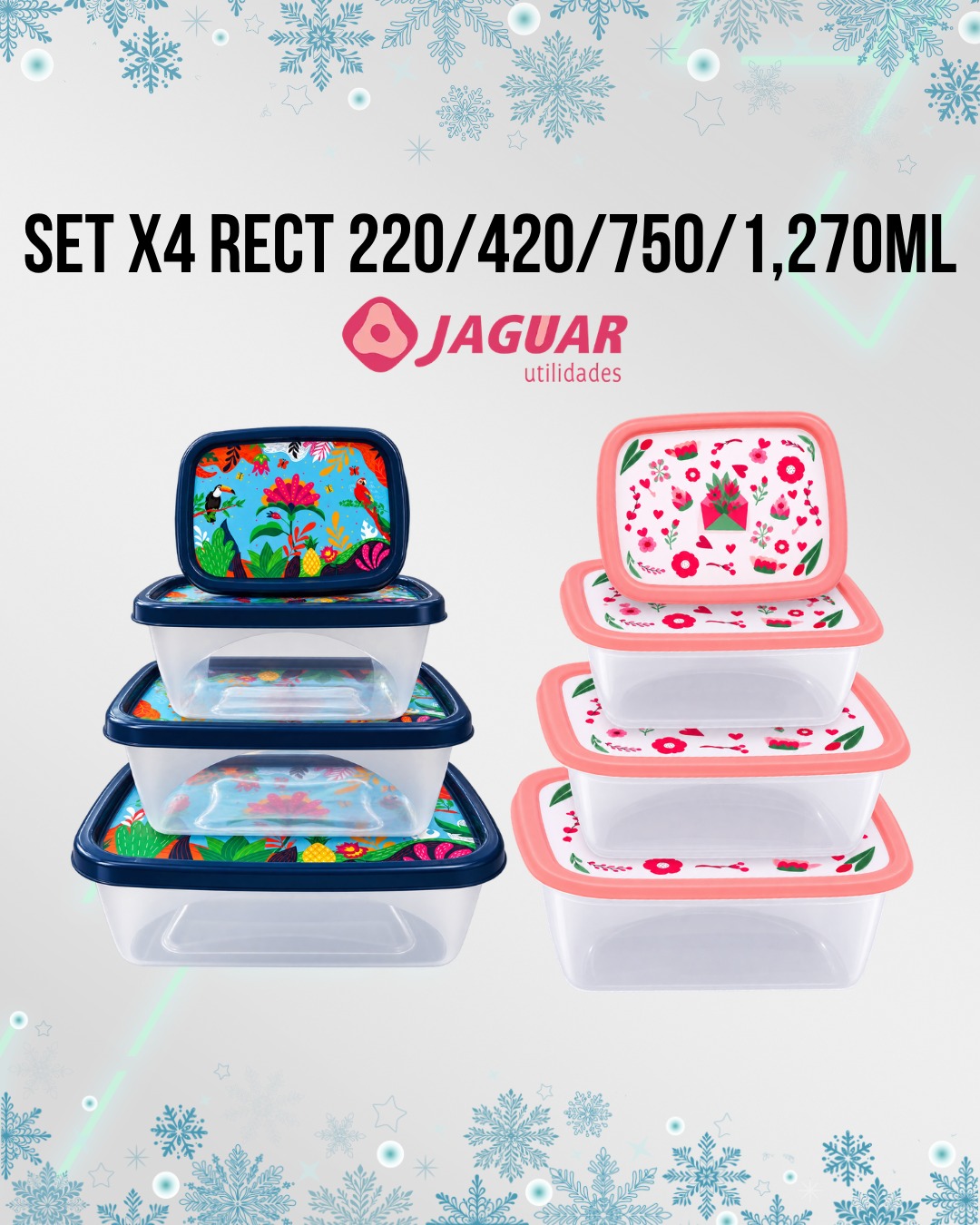 Envases Herméticos Set x4 Rectangulares 220/420/750/1270ML Jaguar
