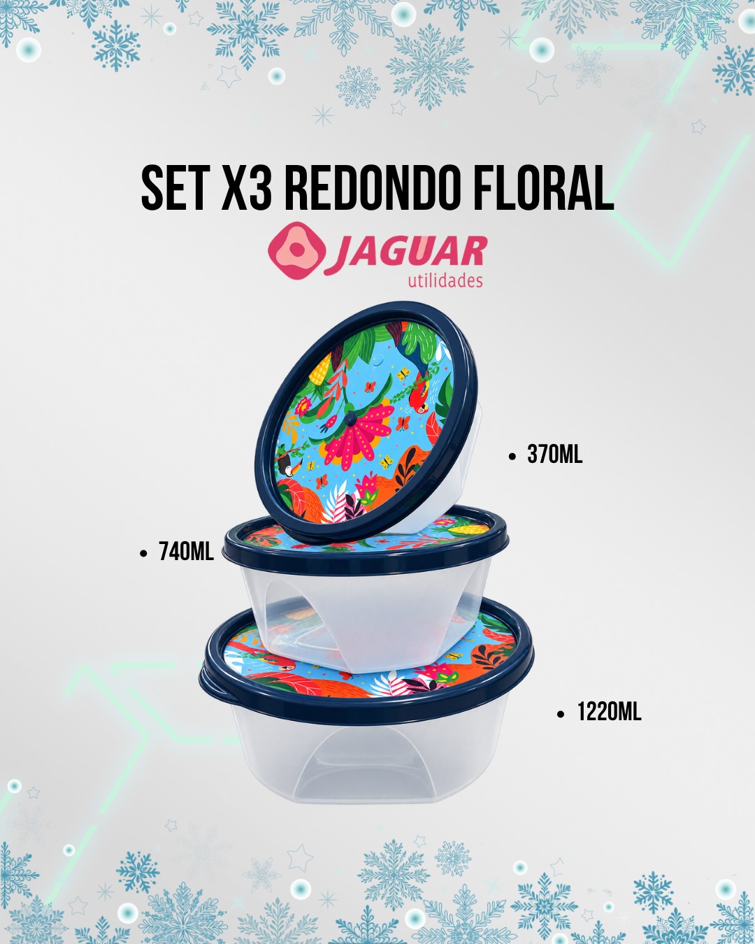 Envases Herméticos Set x3 Recipientes Herméticos Redondos Floral 370 740 1220ML Jaguar