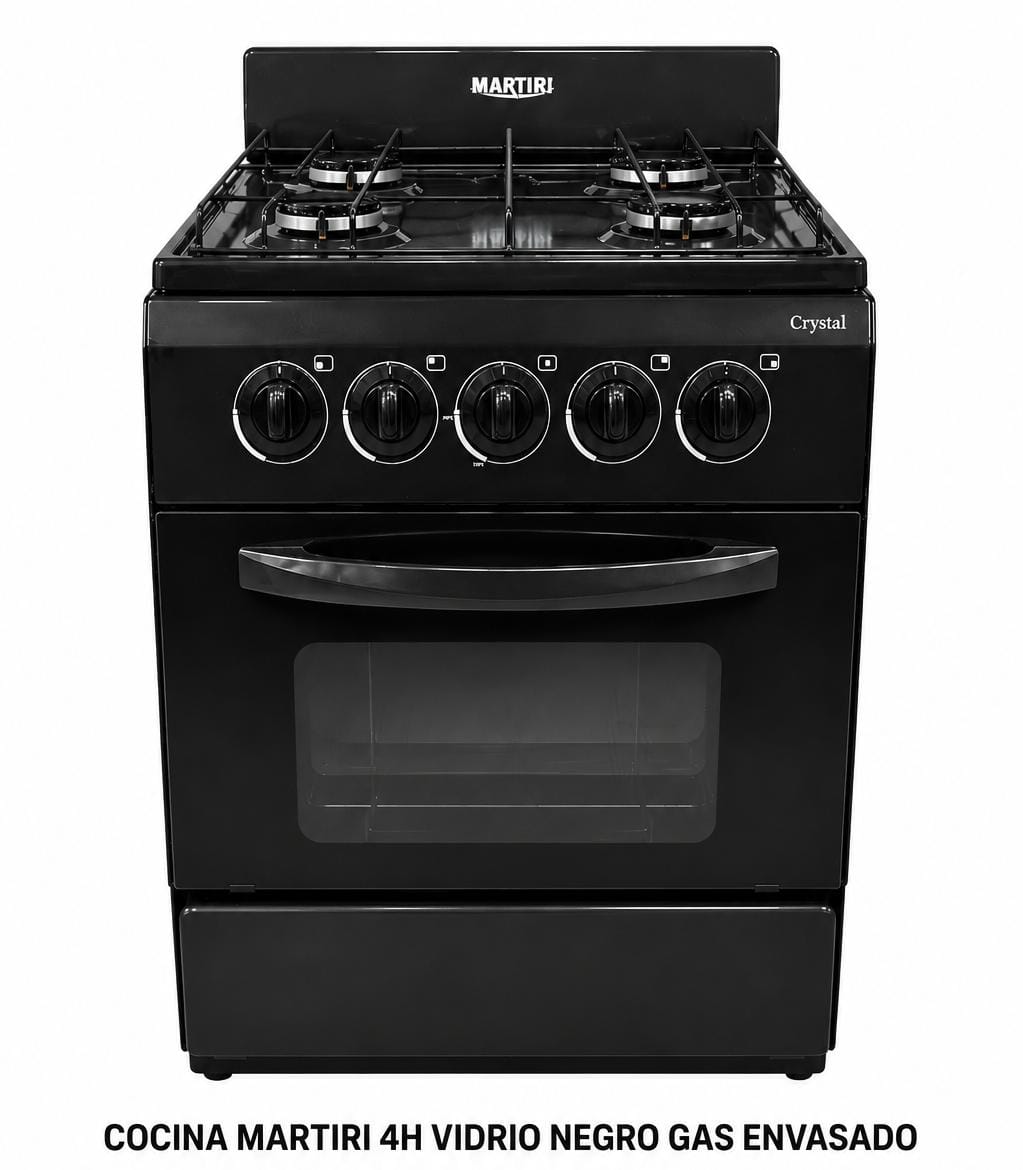 Cocina Martiri Crystal 4 Hornallas Vidrio Negro 🔹 Gas Envasado
