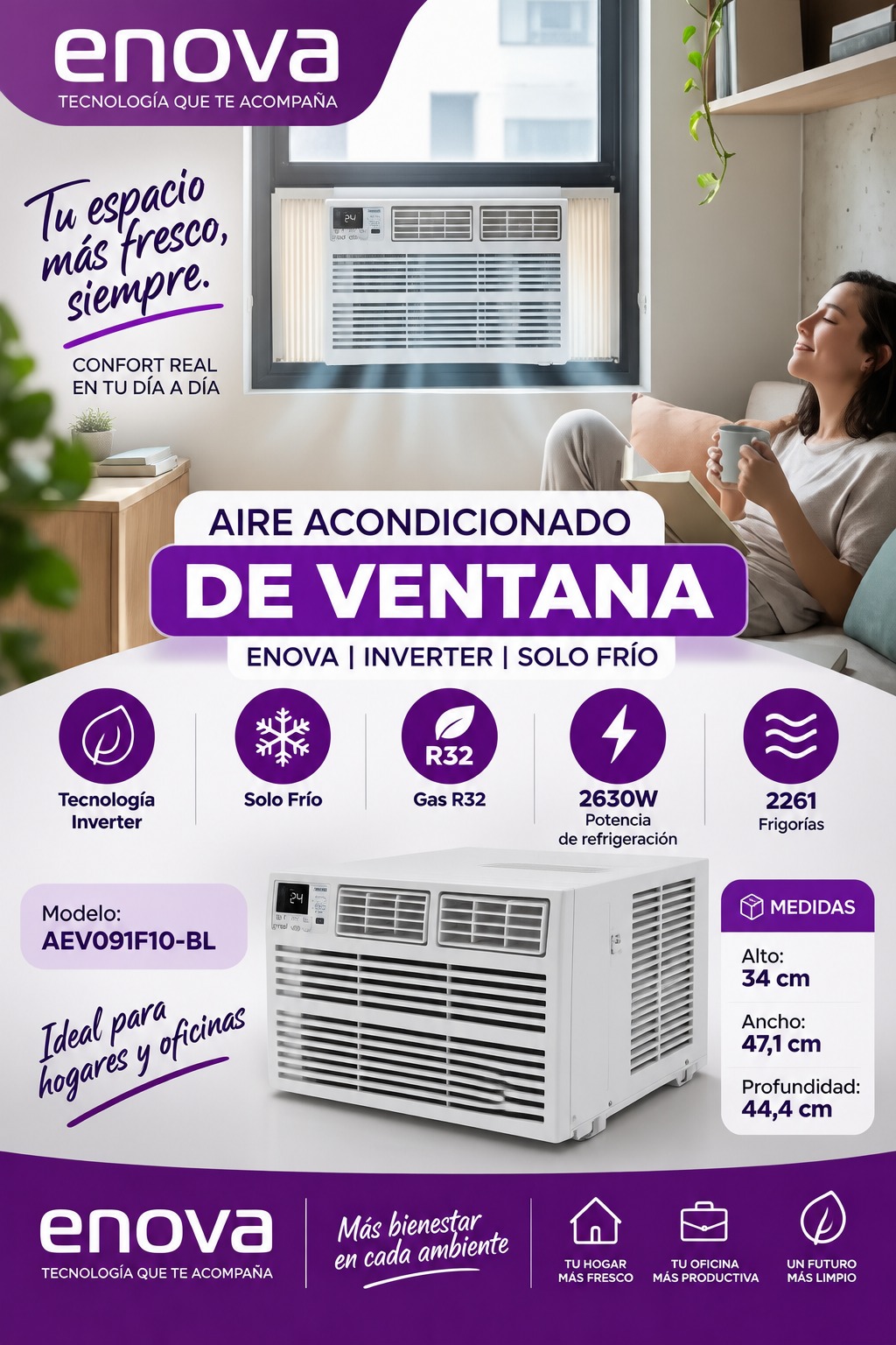 Aire Acondicionado Enova Ventana Inverter Solo Frío 2630W Gas R32