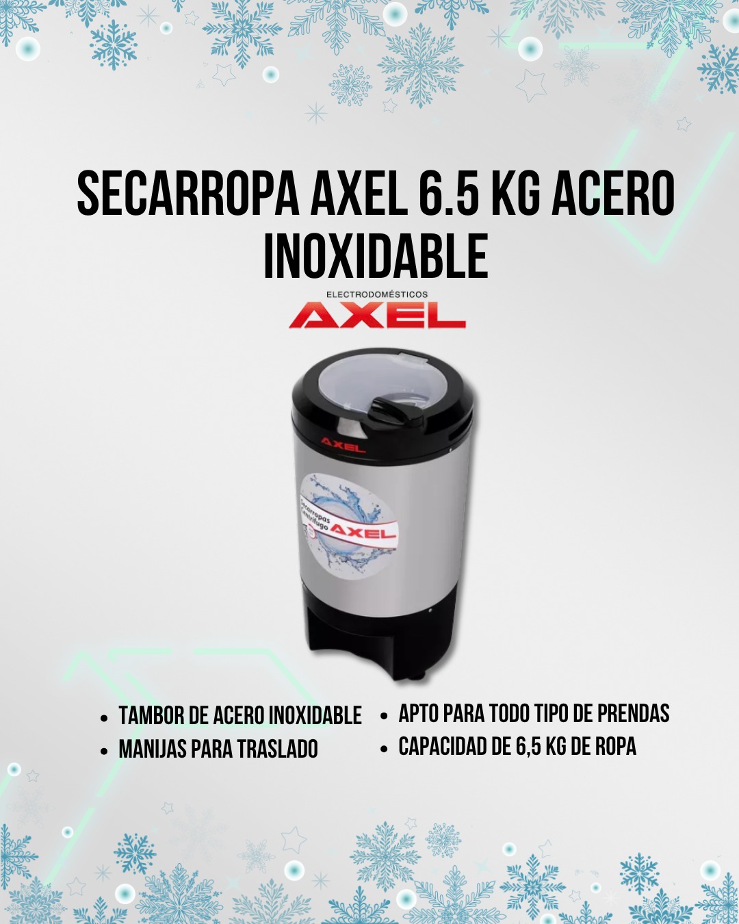 Secarropas Centrífugo Axel 6.5kg Acero Inoxidable Ax-4002 Plateado