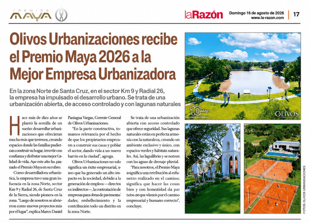 Artículo de La Razón sobre el Premio Maya 2026 recibido por Olivos Urbanizaciones.