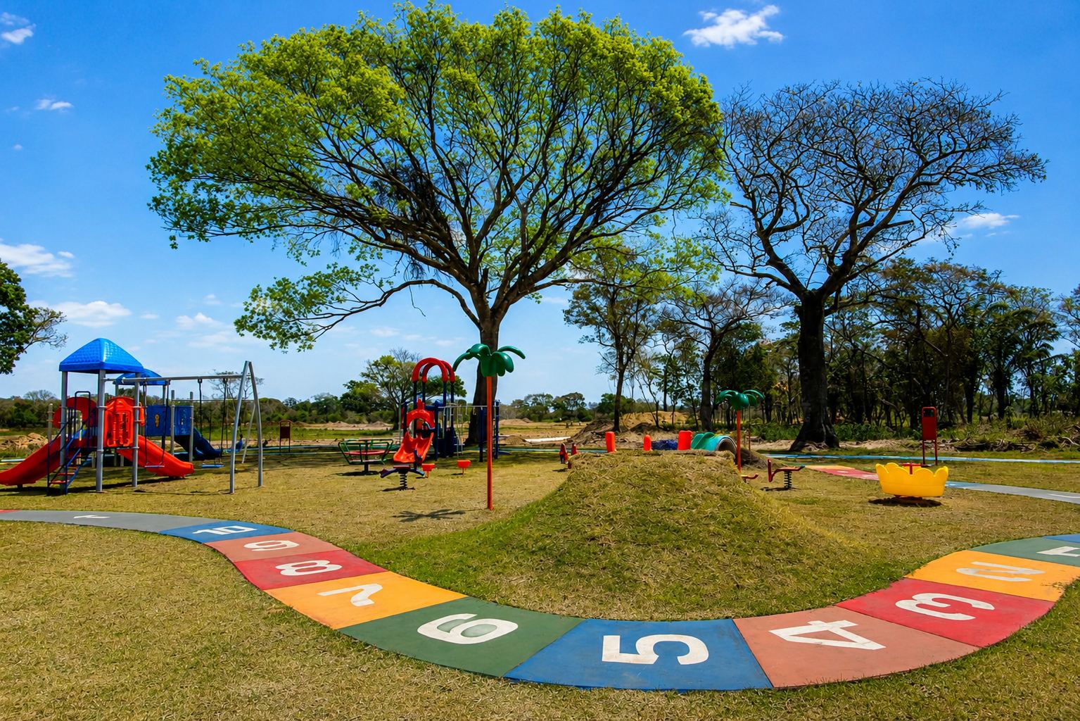 Circuito de juegos con numeración en el piso