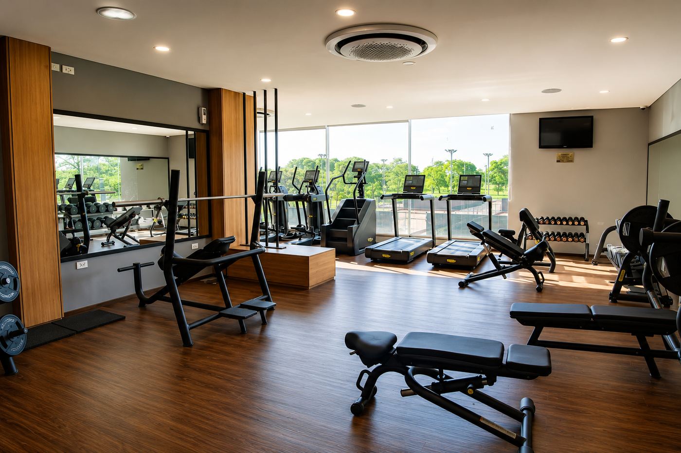 Gimnasio, cintas de correr con vista al parque