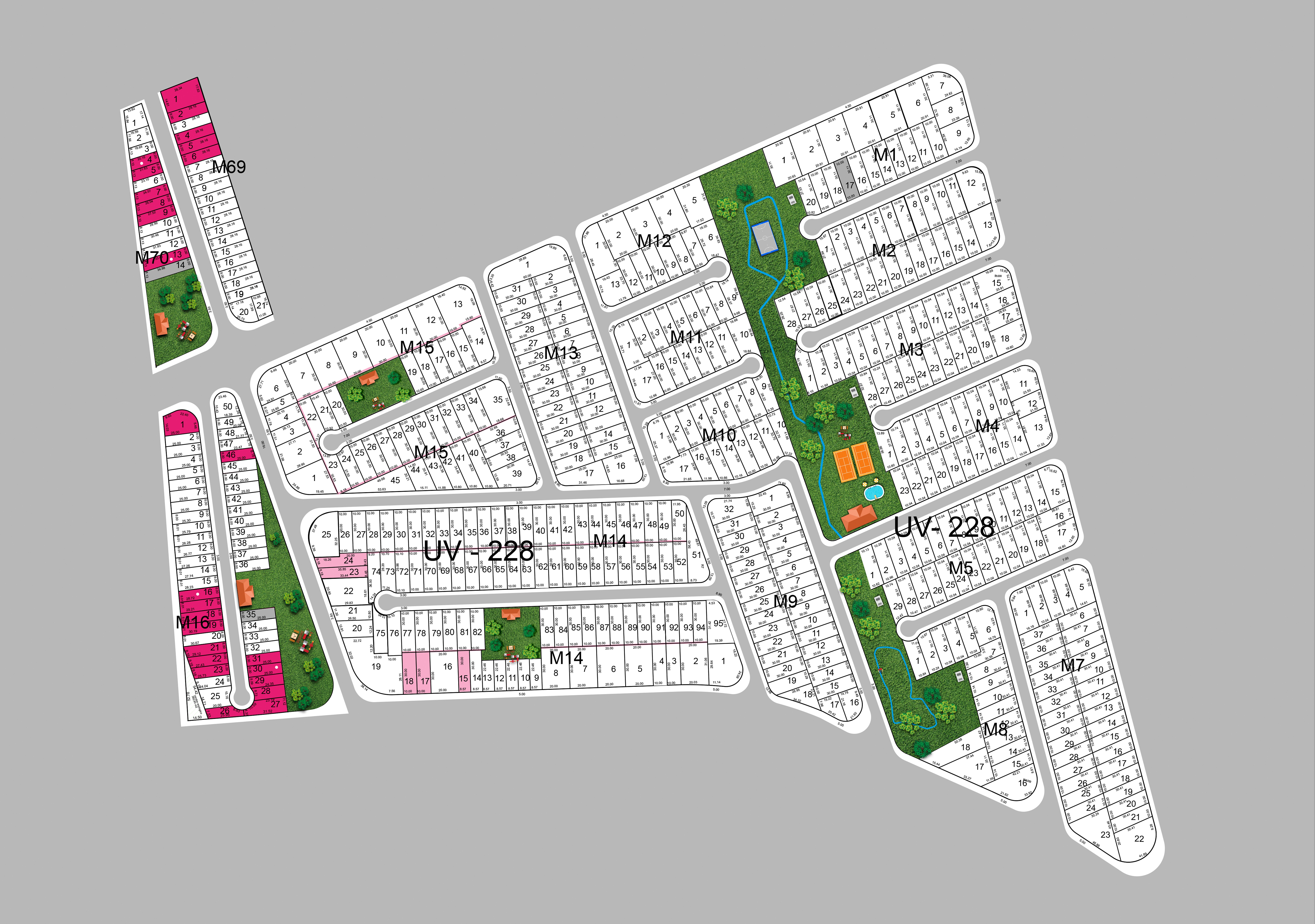 Plano de urbanización de Olivos 1 y 2, con sector UV-228
