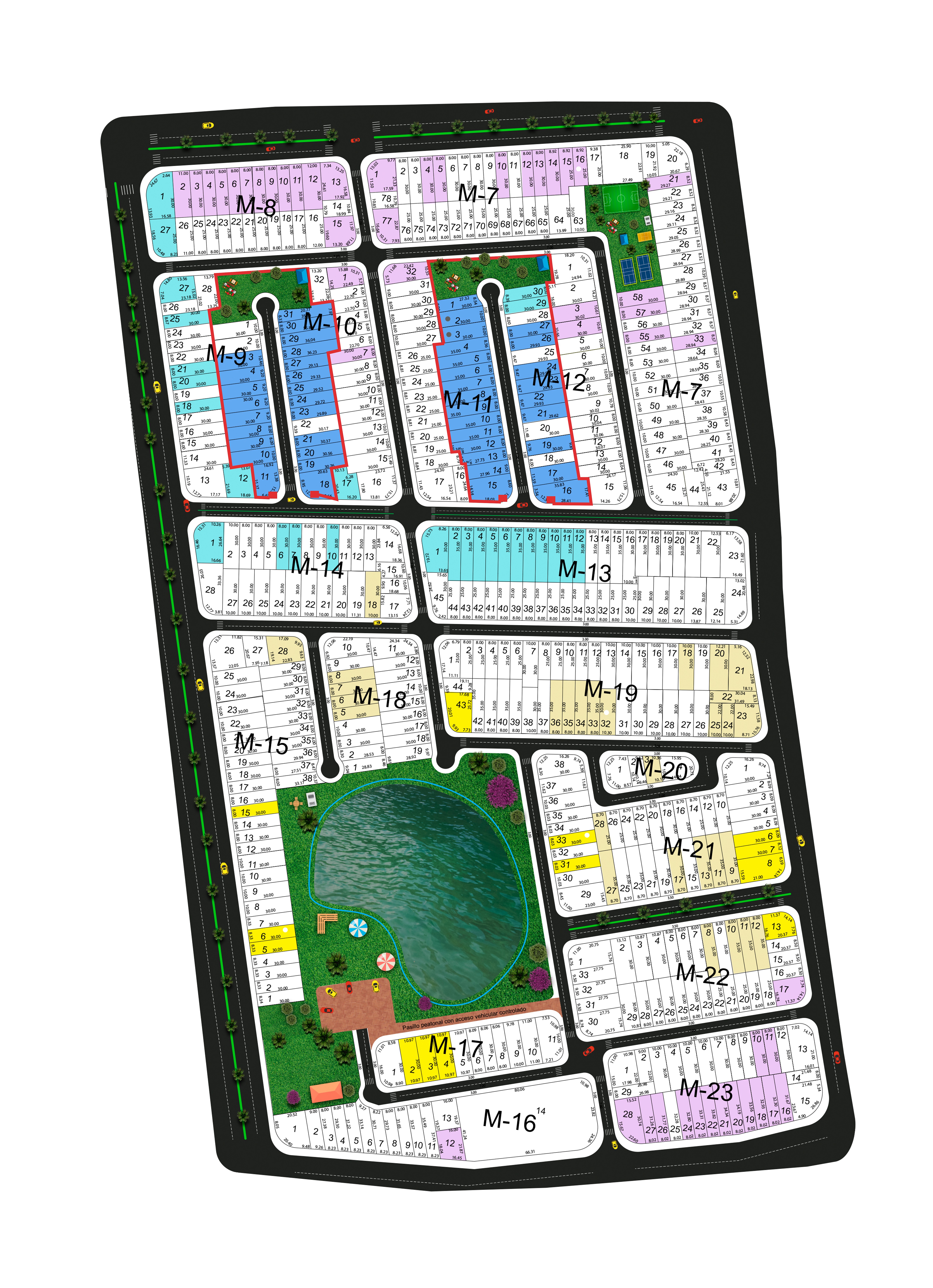 Plano de urbanización de Olivos 3, manzanas M-7 a M-23 con laguna central