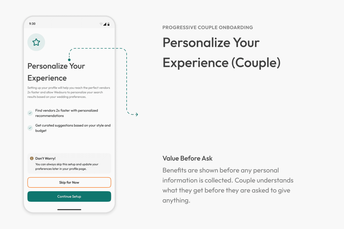 Couple onboarding screen showing personalized vendor recommendations before any information is requested