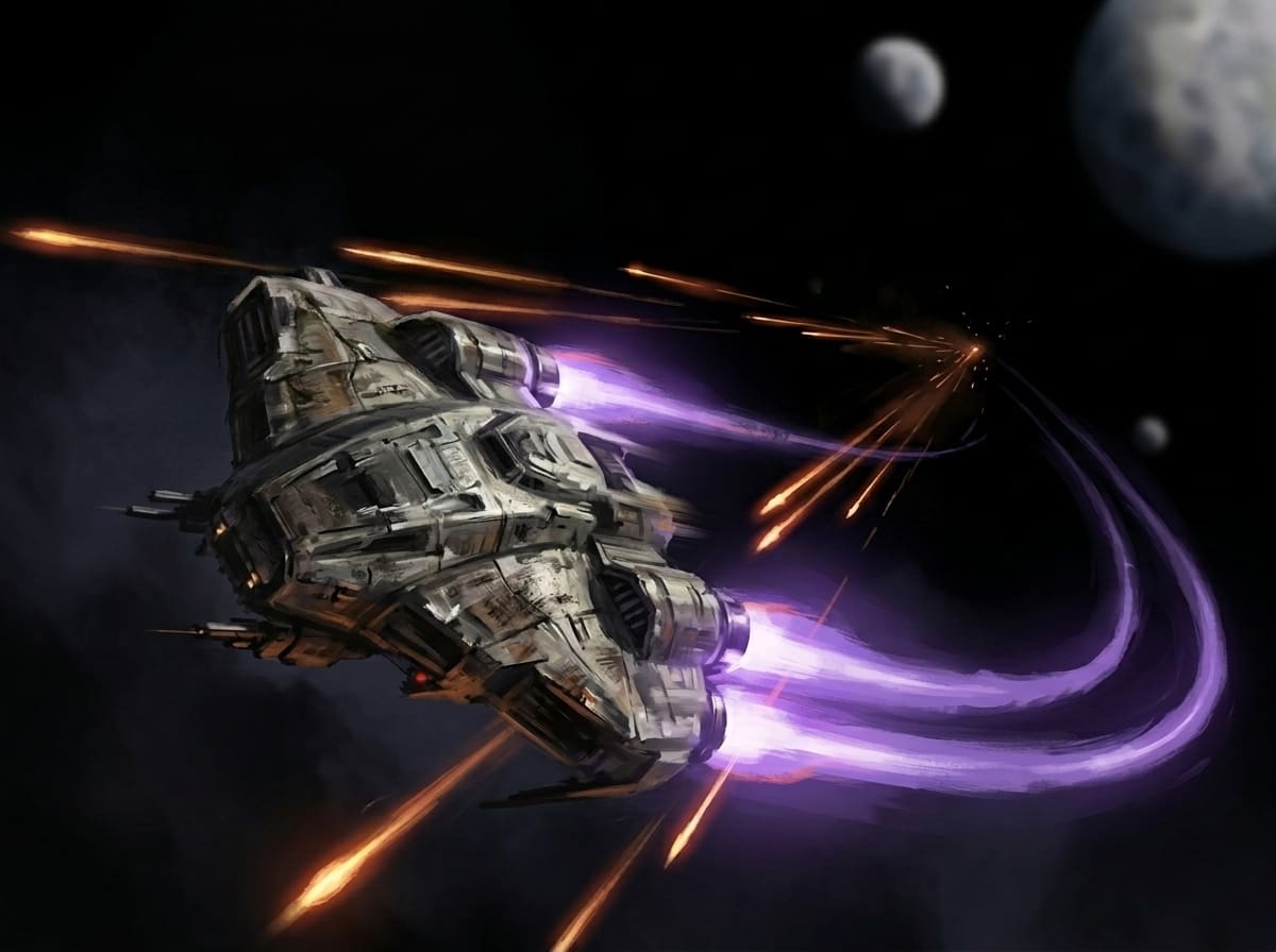 A salvaged warship banking hard through enemy fire in an evasive maneuver