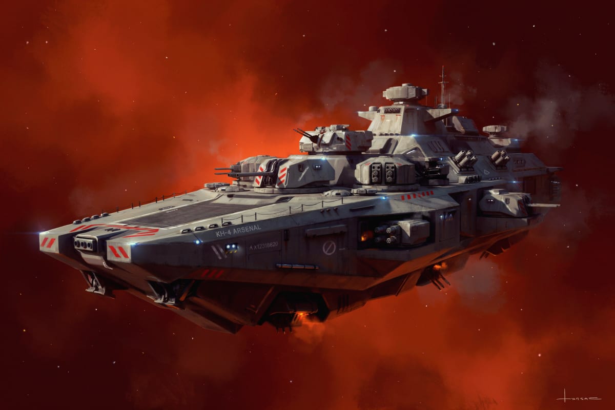 A heavy gunship the size of a small building, lit by red running lights