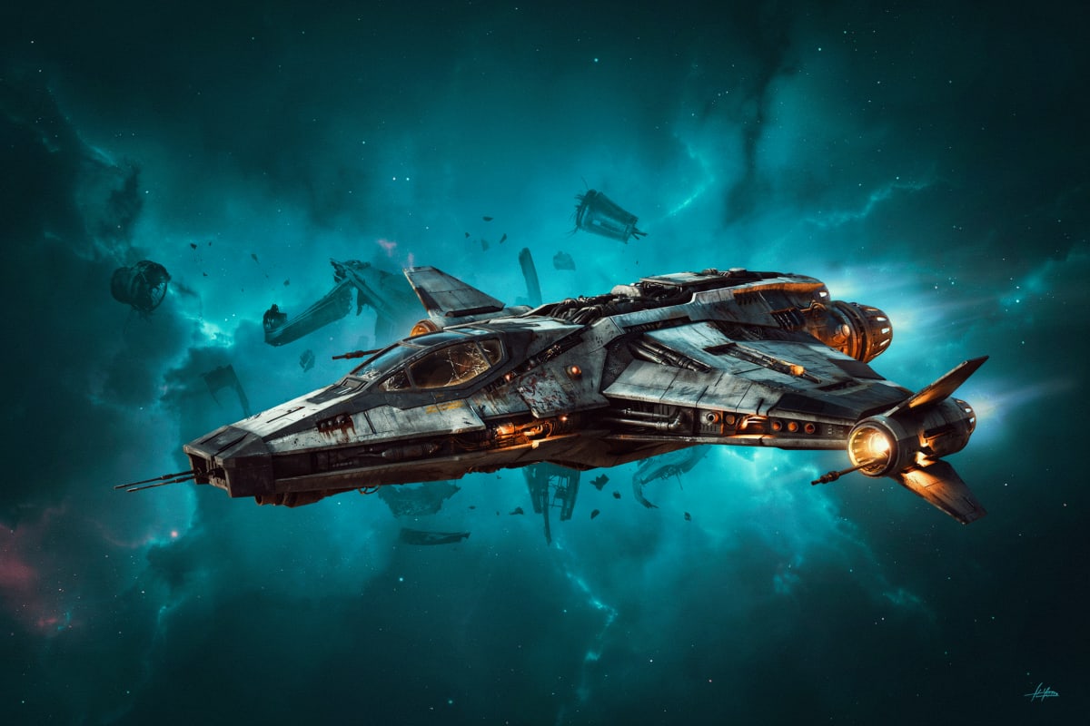 A salvaged interceptor banking through a debris field, engines glowing