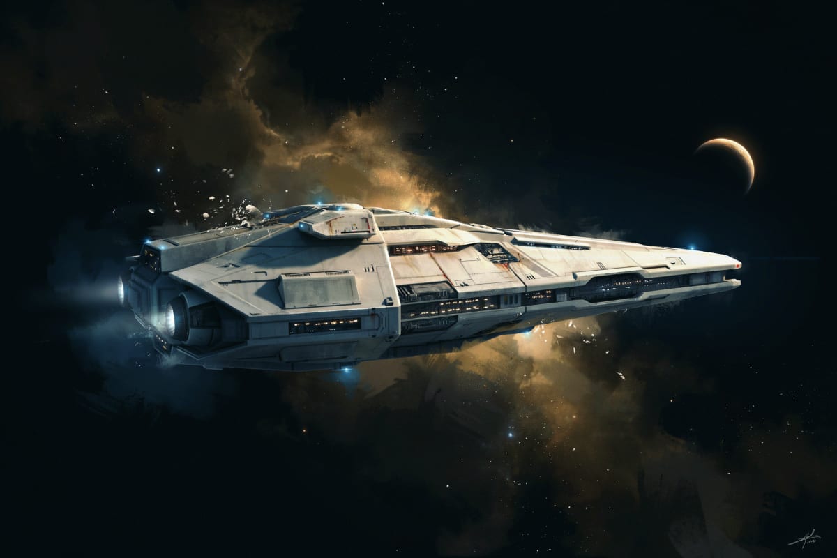 A freighter-turned-warship with engines flaring, a famous silhouette
