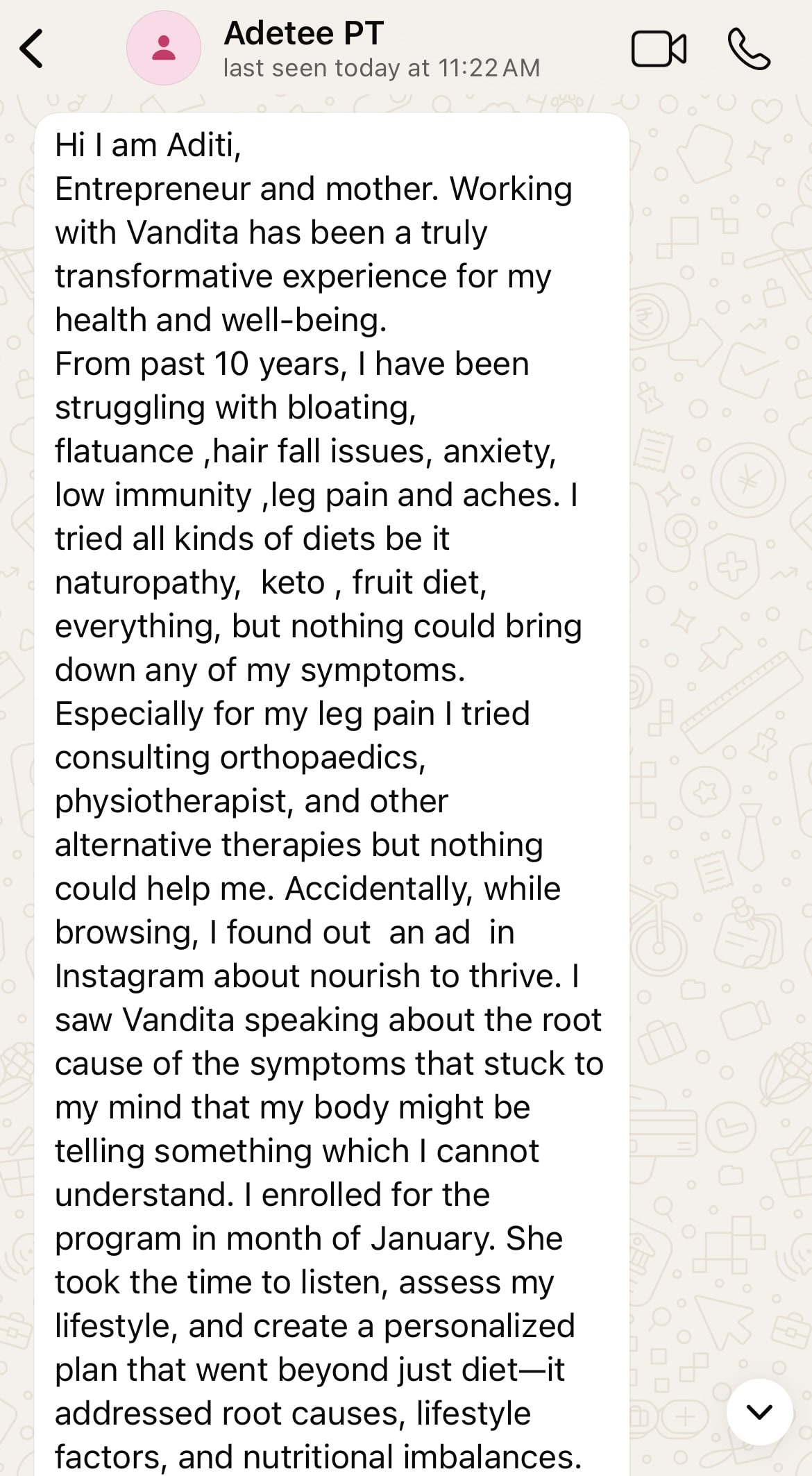 Adetee's written testimonial