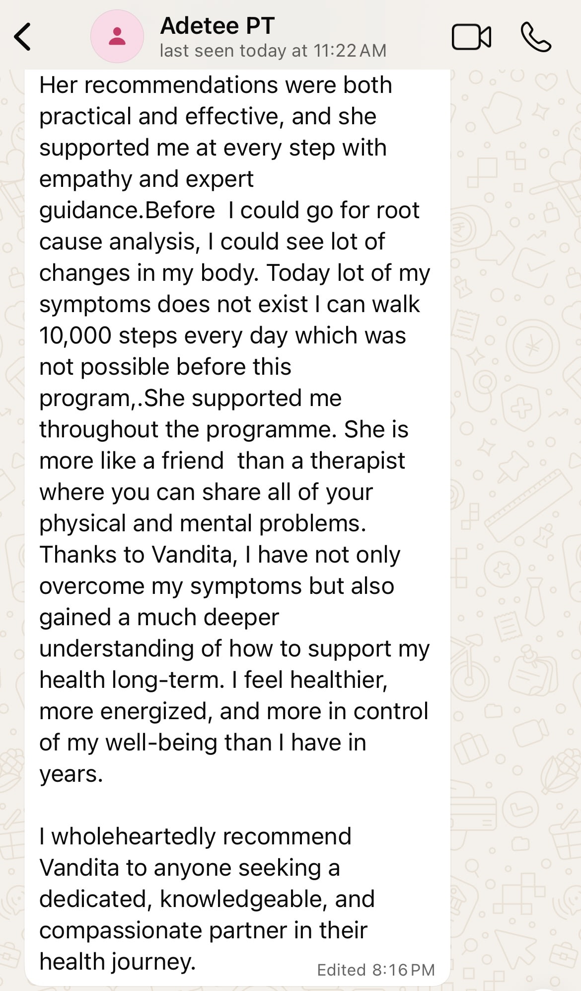 Adetee's written testimonial