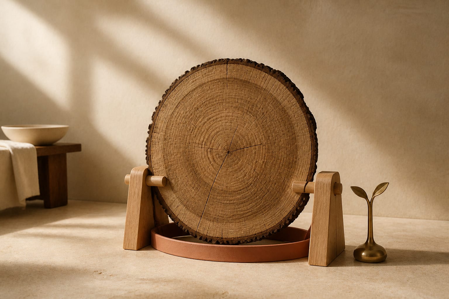 Sección de un tronco maduro sostenida por soportes de madera clara, una banda terracota y un brote de latón.