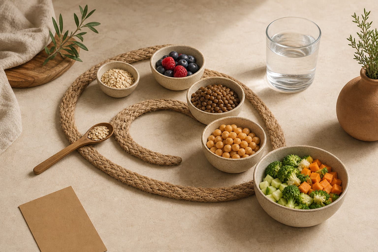Composición editorial sobre fibra alimentaria con distintos ingredientes y texturas naturales.