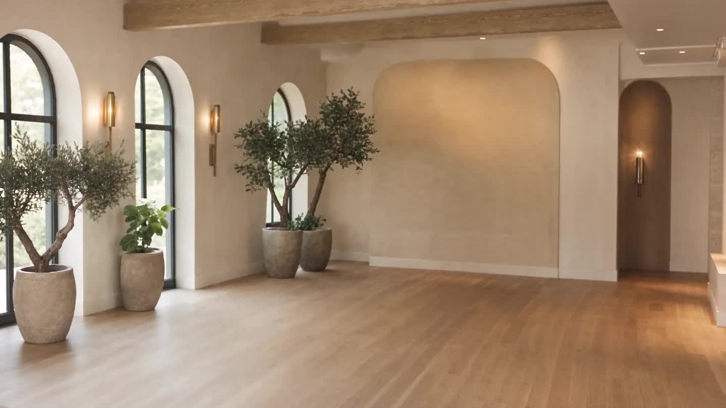 Een verkoopster en de eigenaar van een studio bekijken samen een tablet in de zaal, met bogen, olijfbomen en het rek op de achtergrond