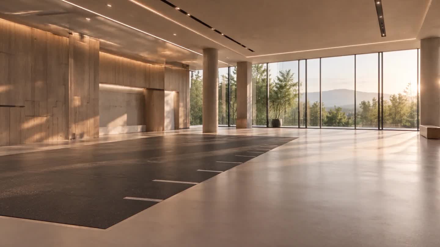 Sala de entrenamiento amplia con racks, material libre y ventanales al atardecer