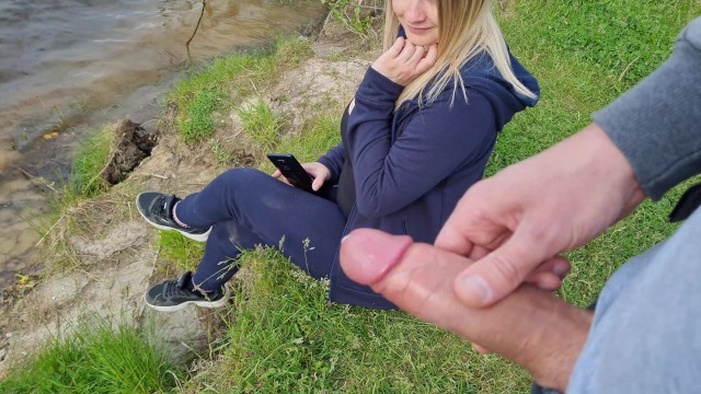 Man Flashes Cock in Public and Cumshot near Blonde Girl