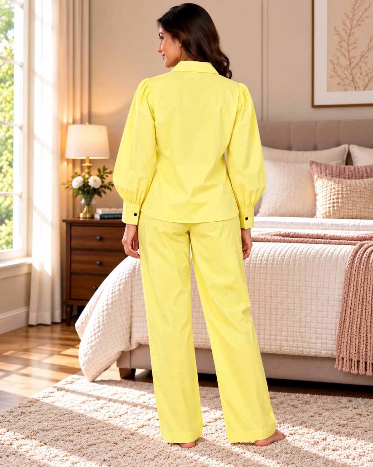 Model in lemon-yellow cotton shirt and trouser with black floral accents. — view 2