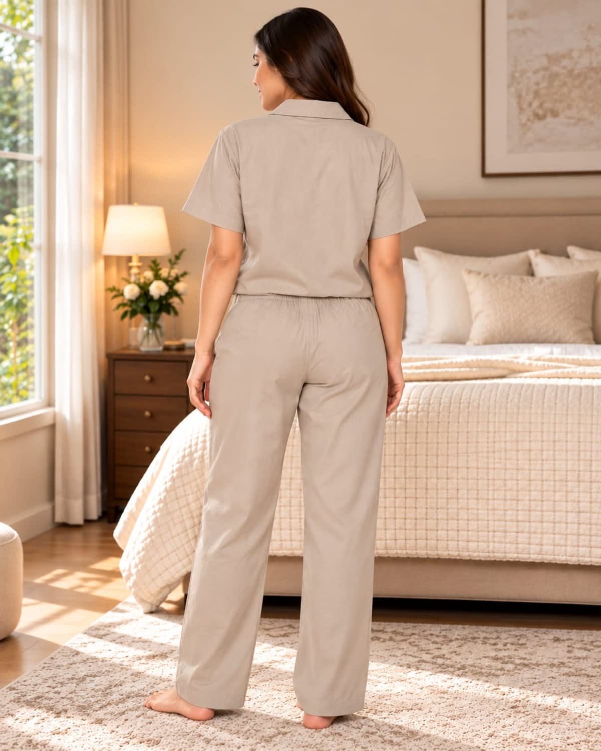 Beige short-sleeve cotton night suit with notched collar and straight-leg bottoms — view 3