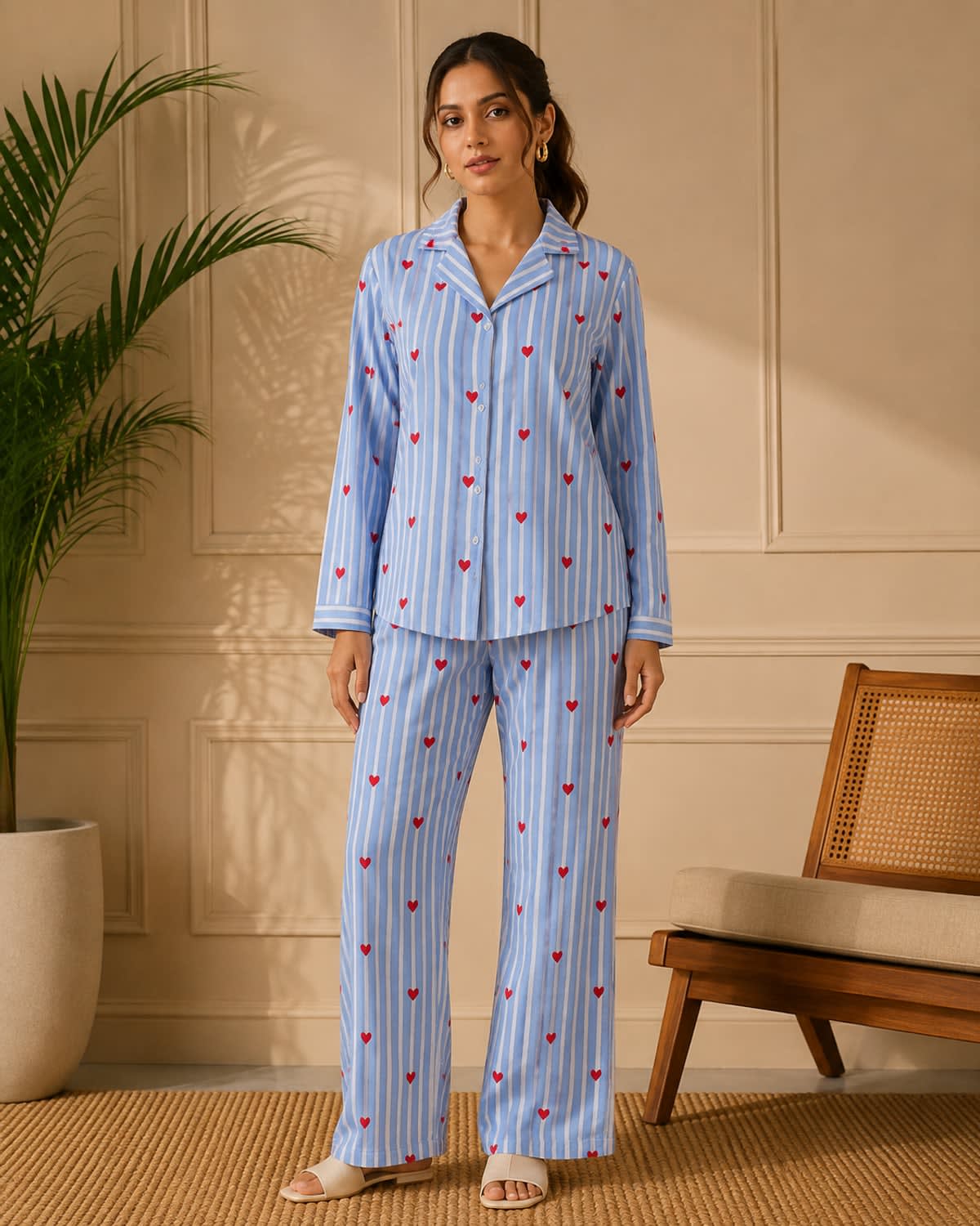 Sky-blue striped cotton set with red hearts, notched-collar shirt and wide-leg trousers, front view.