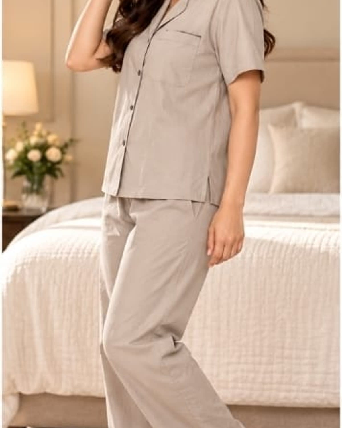 Beige short-sleeve cotton night suit with notched collar and straight-leg bottoms — view 2