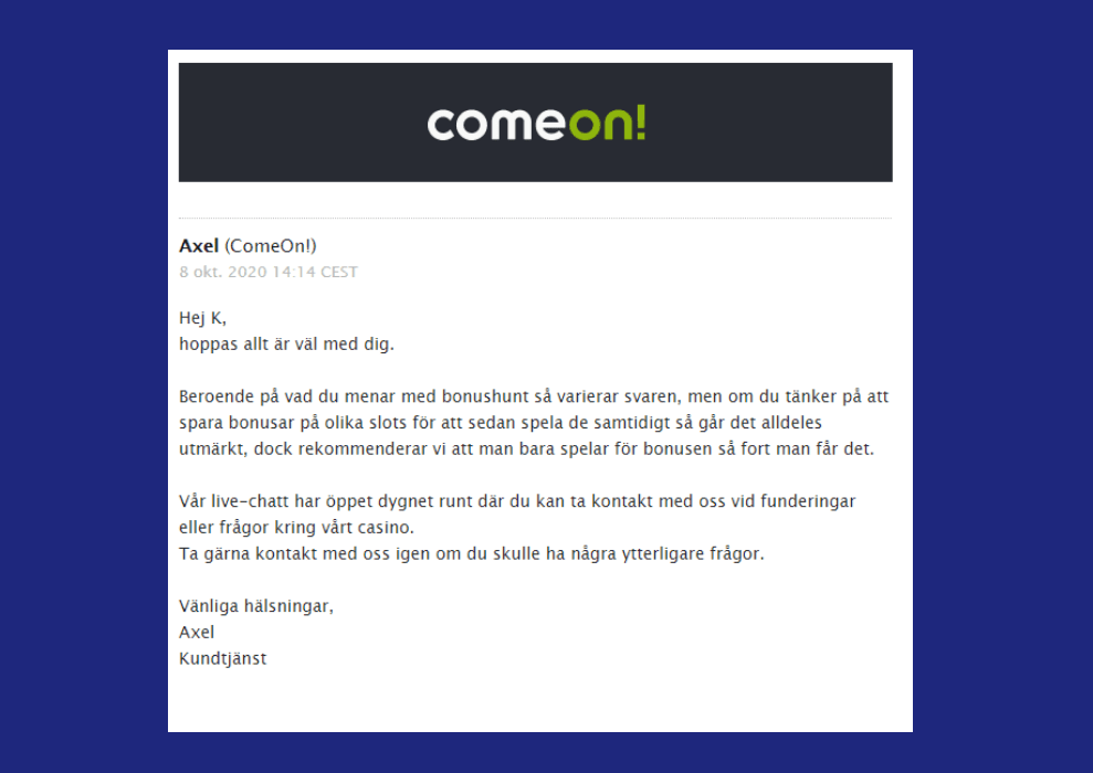 Comeon email support