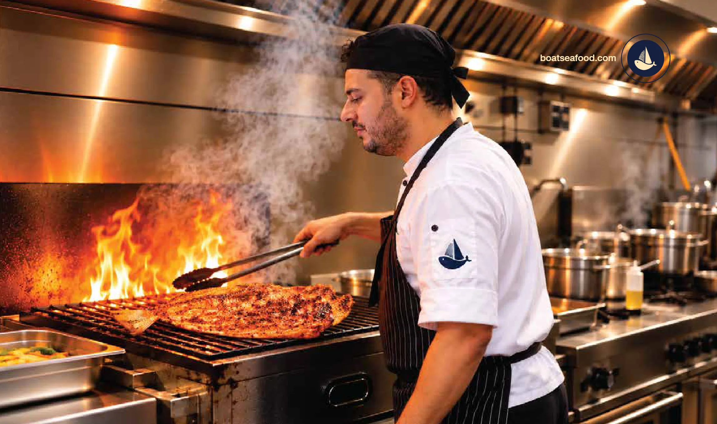 BOAT chef grilling a whole fish over open flames