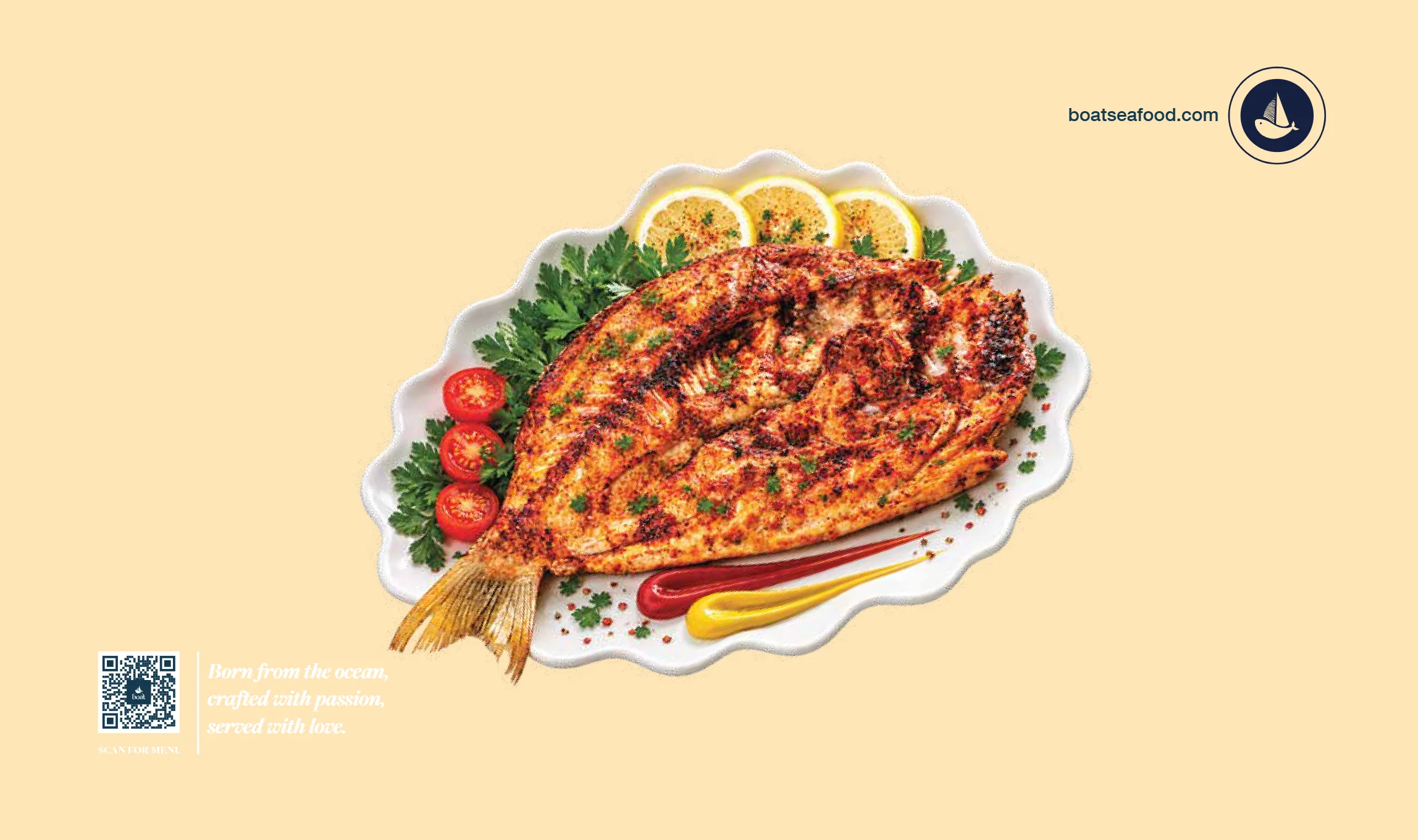 Butterflied grilled fish with red masala, lemon and tomatoes