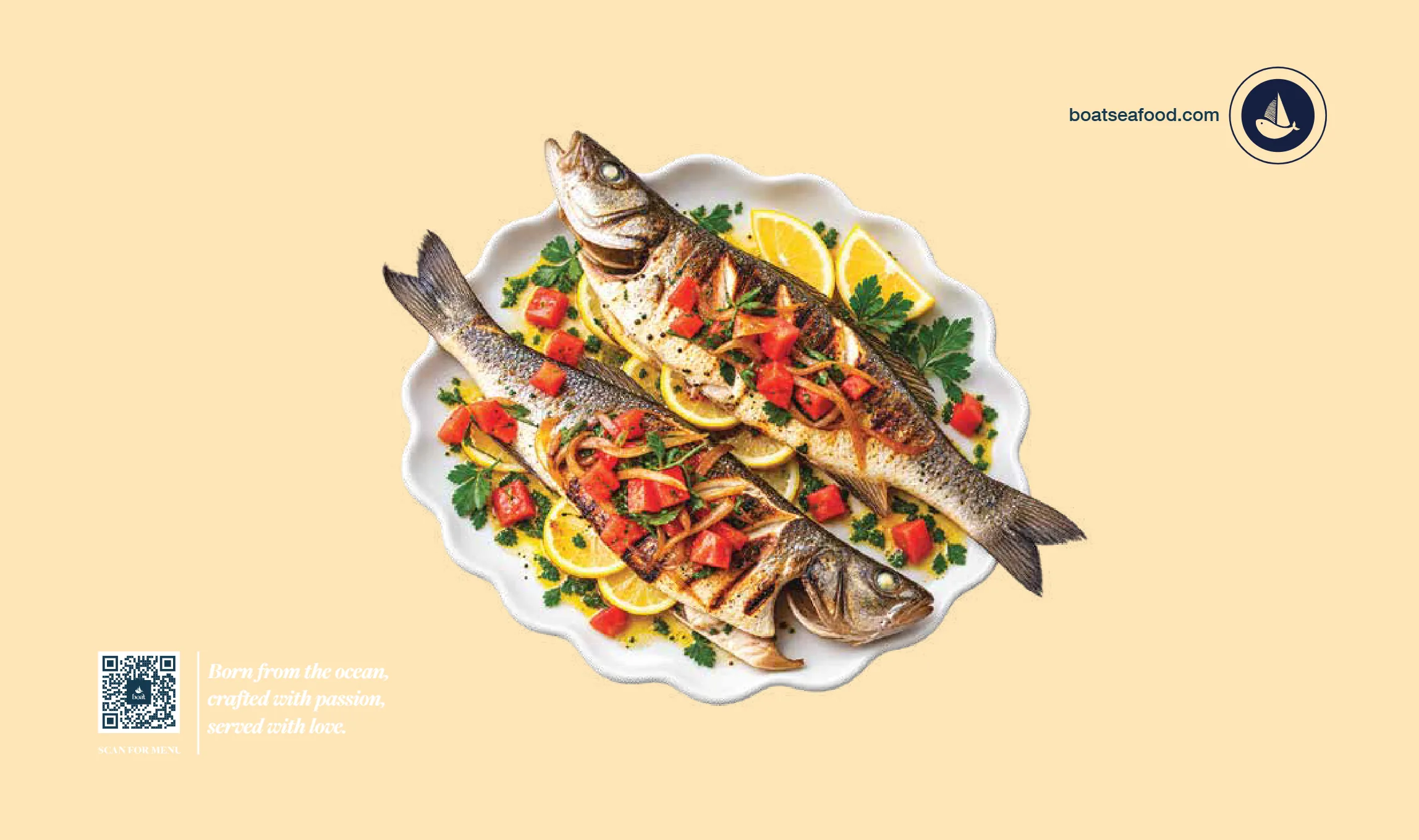 Two grilled sea bream with tomato, onion and lemon