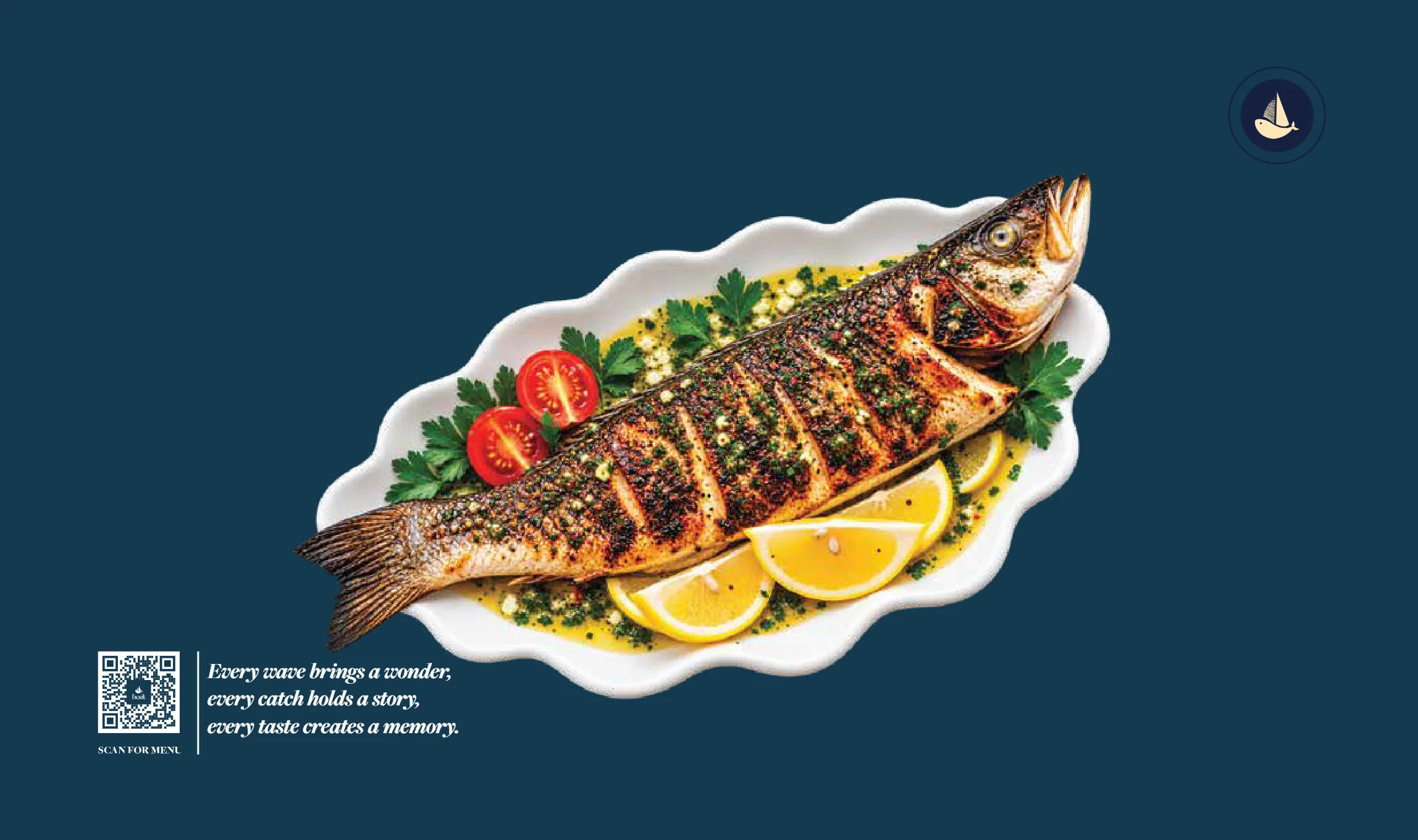Whole grilled sea bass with herb butter and lemon