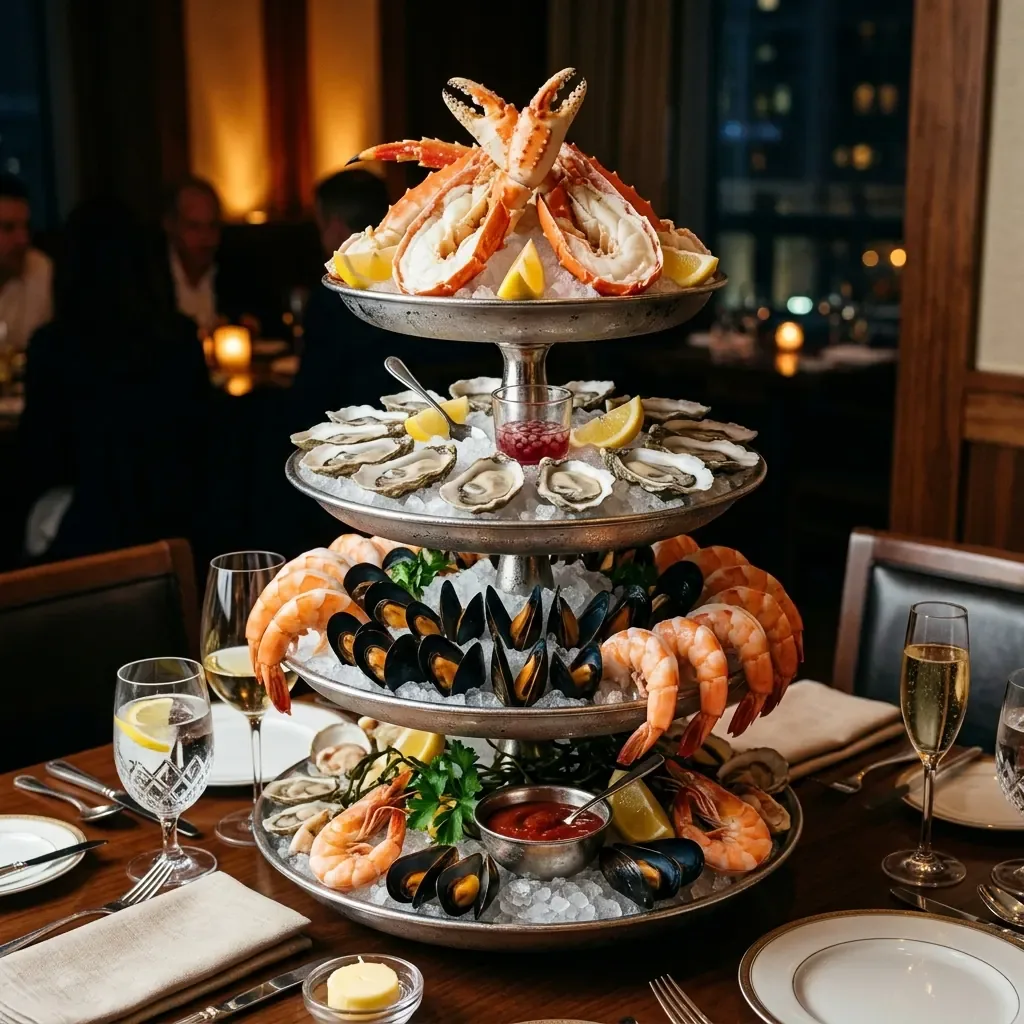 Seafood tower platter with lobster, prawns and oysters