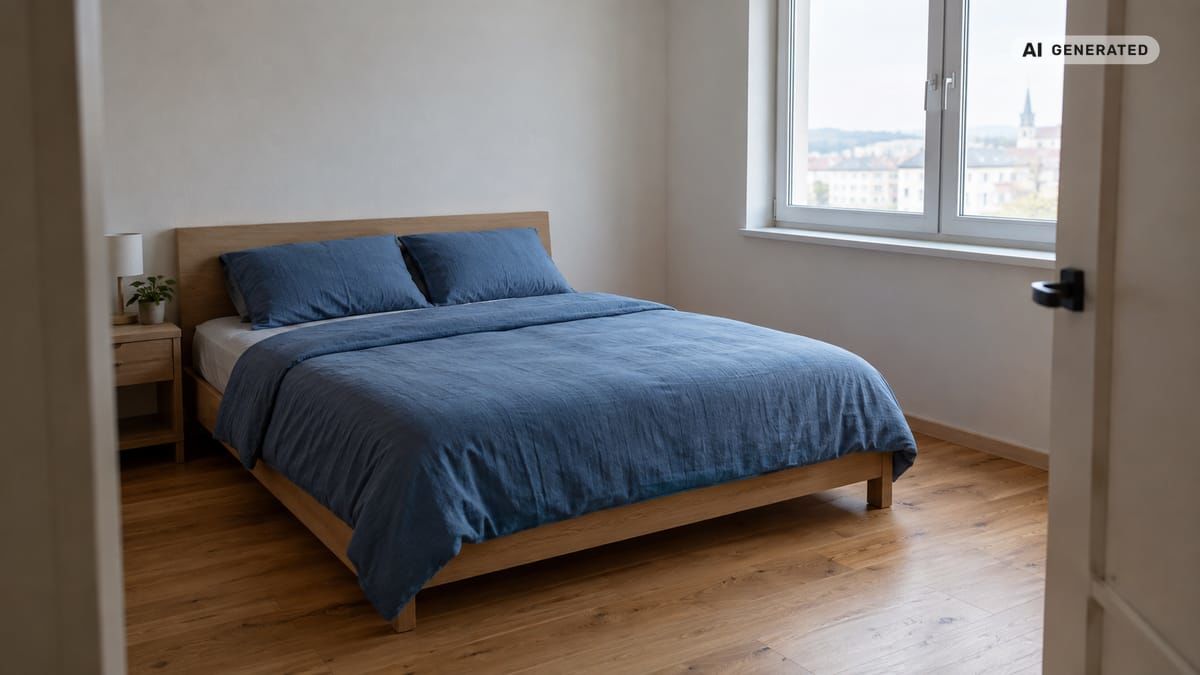 Posteľ s matracom 160 × 200 cm stojí v spálni s voľným priestorom po oboch stranách. (obrázok vytvorený AI)