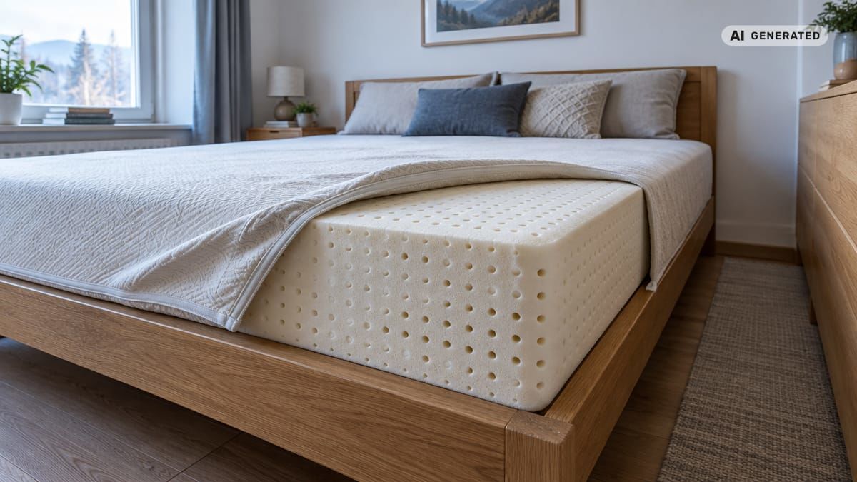 Hrubý latexový matrac leží na nízkej posteli a jeho odhrnutý poťah odhaľuje husté jadro. (obrázok vytvorený AI)